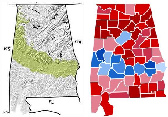 The cretaceous period (145 to 66 million years ago) seashore in Alabama vs how Alabama voted in the 2016 election