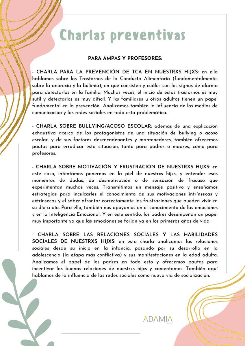 adamiapsicologa's tweet photo. ✨ CHARLAS PREVENTIVAS ✨

📍 TCA (niñxs, adolescentes, familiares y profesores). 
📍 Bullying.
📍 Gestión emocional.
📍 Hhss (y otros).

🔸Colegios e Institutos.
🔸Centros de psiconutrición.
🔸Hospitales.
🔸Casas de acogida y (otros).

Más info: 📩 info@adamiapsocologia.es https://t.co/Z1qfAJFXV4