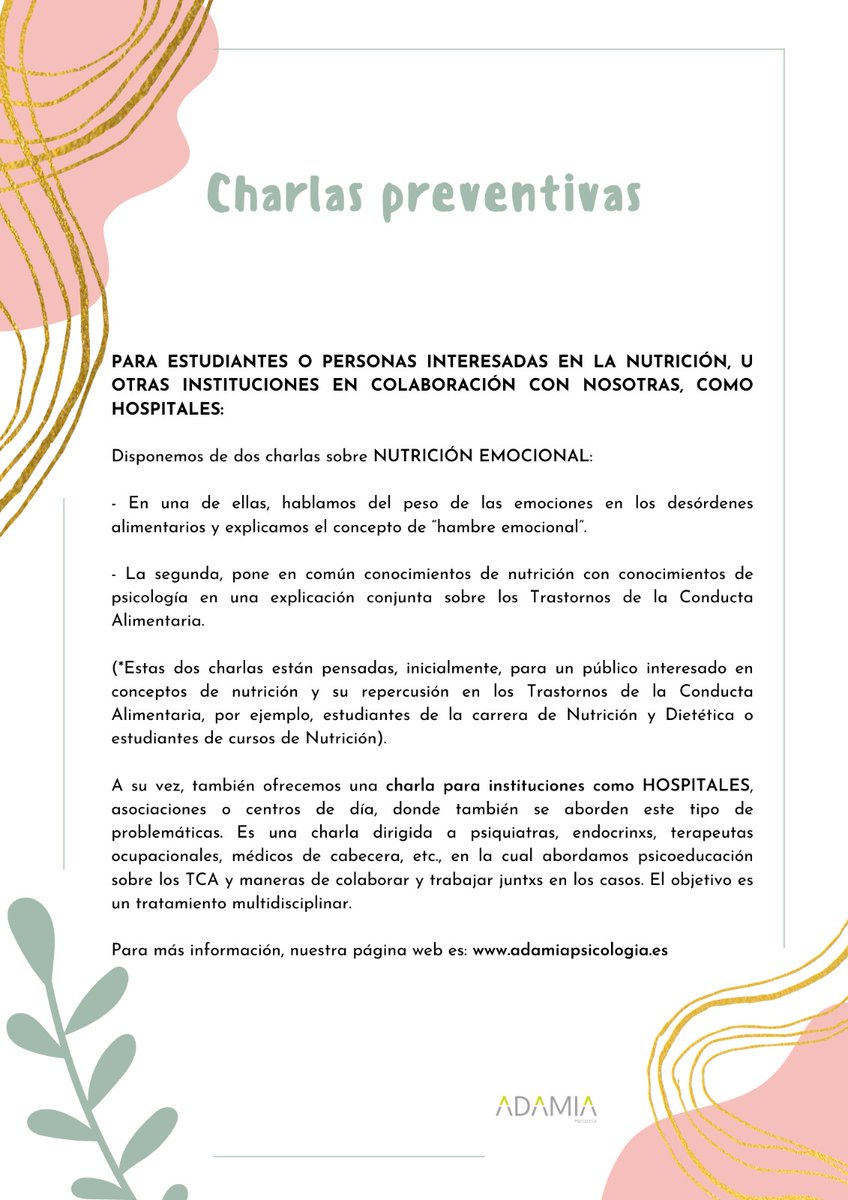 adamiapsicologa's tweet photo. ✨ CHARLAS PREVENTIVAS ✨

📍 TCA (niñxs, adolescentes, familiares y profesores). 
📍 Bullying.
📍 Gestión emocional.
📍 Hhss (y otros).

🔸Colegios e Institutos.
🔸Centros de psiconutrición.
🔸Hospitales.
🔸Casas de acogida y (otros).

Más info: 📩 info@adamiapsocologia.es https://t.co/Z1qfAJFXV4