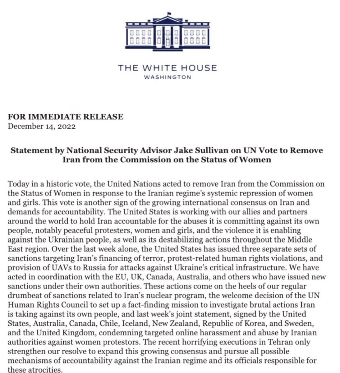 “This vote is another sign of the growing intl consensus on Iran & demands for accountability. The US is working w/our allies & partners to hold Iran accountable for the abuses it is committing against its own people, notably peaceful protesters, women & girls…” #IRIoffCSW