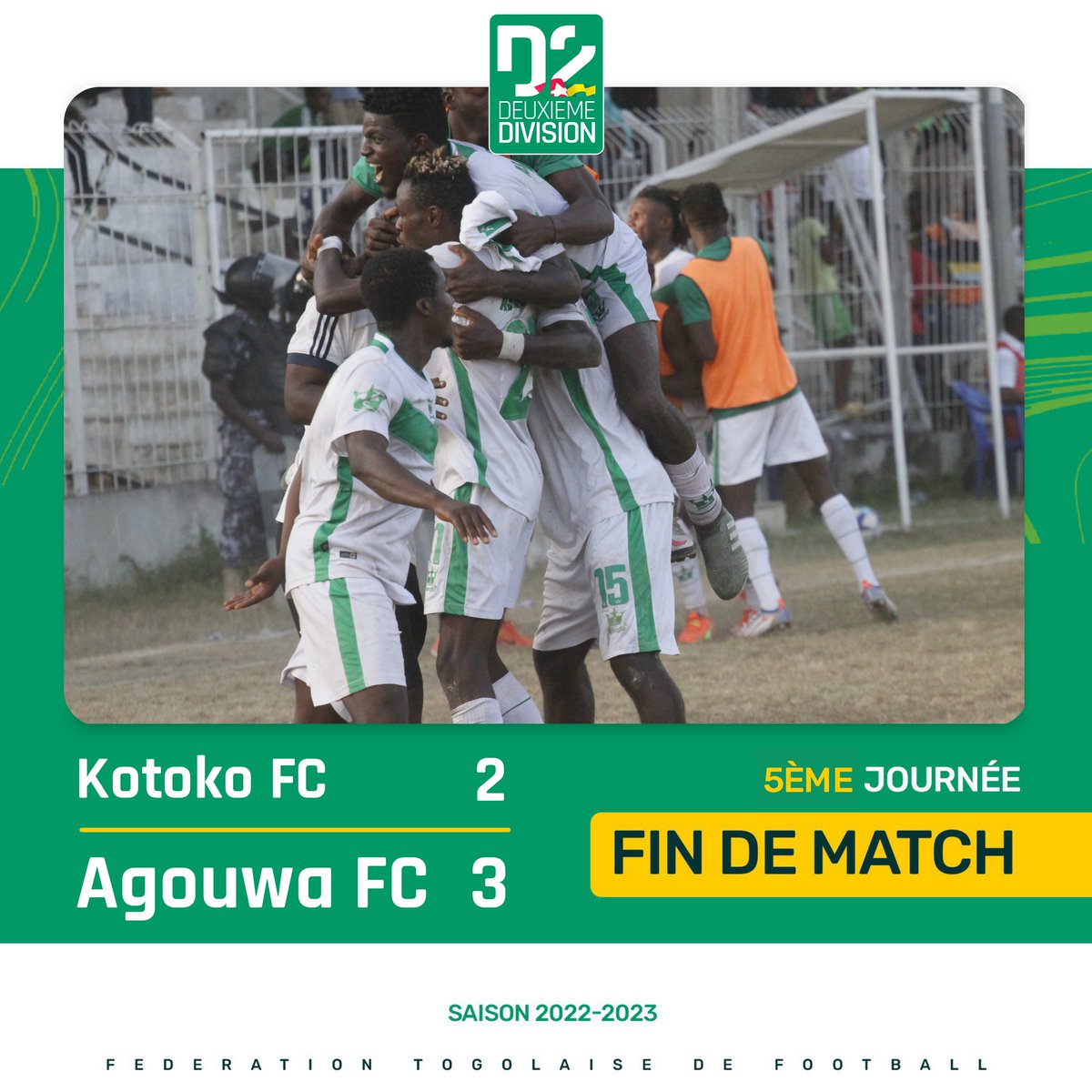 FtfTogolaise's tweet photo. 🟥#DeuxièmeDivision - 5ème journée
#KOTOKO 2⃣ 🆚 3⃣ #AGOUWA https://t.co/t7T09xWqoq