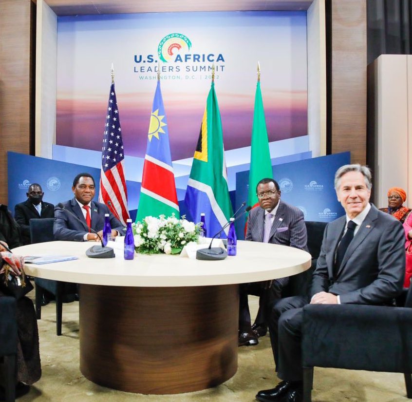 hagegeingob's tweet photo. As Chair of the SADC Organ Troika, I discussed alongside Troika leaders @HHichilema with US Secretary of State @SecBlinken our efforts at resolving challenges and threats to peace in the Region. I called on the US Government to end the sanctions on Zimbabwe. #USAfricaSummit22 https://t.co/atdRMsXL8k