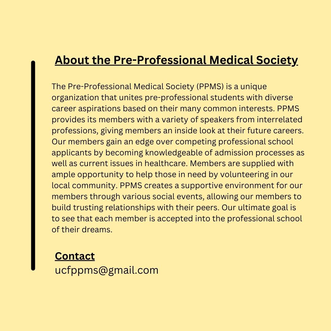 Happy Wednesday, Knights! Pre-Health students🩺🩹💊, are you interested in being more involved on campus ad in the community? Check this out! The Pre-Professional Medical Society is an excellent (PPMS) student organization on campus! Swipe to learn more!
