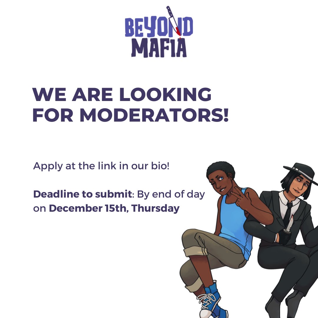 BeyondMafia's tweet photo. #BeyondMafia is looking for Moderators! Don't wait and apply today at the link in our bio! 

#Moderators #Discord #Mafia #Games #BrowserGames #Fun #Community #ForumGames #artwork #websites #Website https://t.co/pdDdkU2PRZ