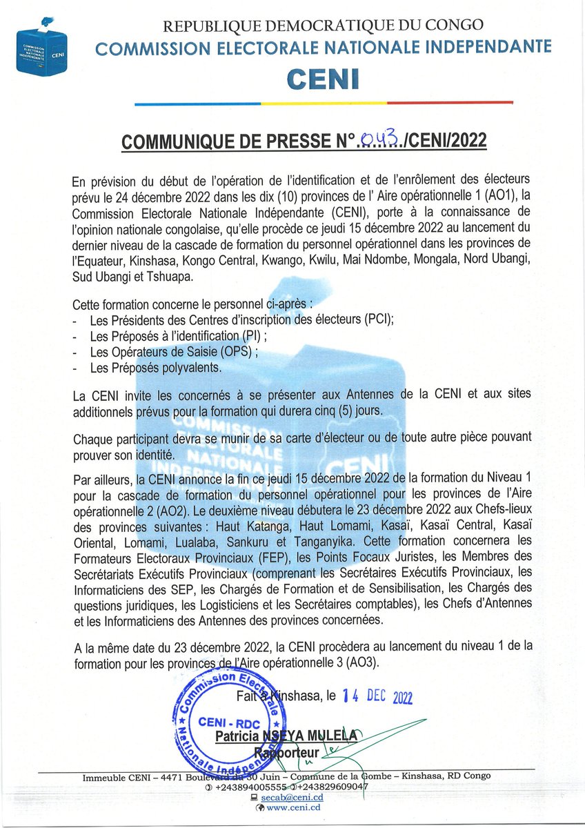 INFOS CENI RDC Officiel (@ceniofficiel) on Twitter photo COMMUNIQUE DE PRESSE
<a href="/Presidence_RDC/">Présidence RDC 🇨🇩</a> @AssembleeN_RDC <a href="/senatrdc/">Sénat RDC🇨🇩</a> <a href="/dkadimaofficiel/">Denis Kadima Kazadi</a> <a href="/nseya_officiel/">PATRICIA NSEYA OFFICIEL</a> COMMUNIQUE DE PRESSE
<a href="/Presidence_RDC/">Présidence RDC 🇨🇩</a> @AssembleeN_RDC <a href="/senatrdc/">Sénat RDC🇨🇩</a> <a href="/dkadimaofficiel/">Denis Kadima Kazadi</a> <a href="/nseya_officiel/">PATRICIA NSEYA OFFICIEL</a>