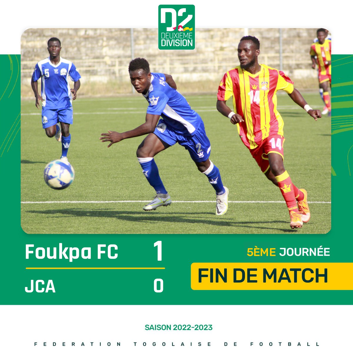 FtfTogolaise's tweet photo. 🟥#DeuxièmeDivision - 5ème journée
#FOUKPA 1⃣ 🆚 0⃣ #JCA https://t.co/DG0apLwedf