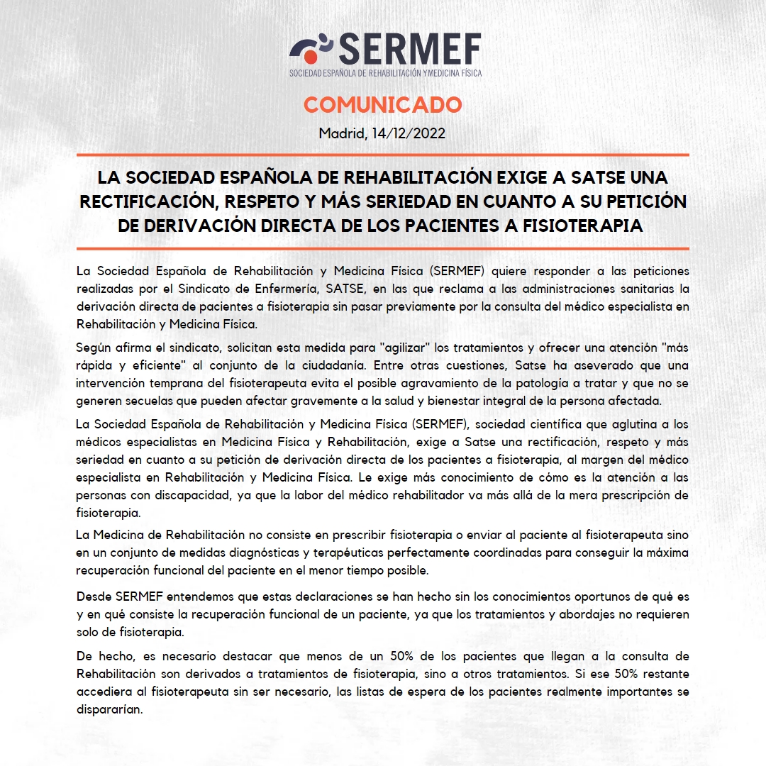 SERMEF_es's tweet photo. ☝ Desde SERMEF exigimos al @Sindicato_SATSE una rectificación y más seriedad a la hora de pedir una derivación directa a Fisioterapia

L@s pacientes no solo requieren Fisioterapia. De hecho, un 50% precisa otro tratamiento 📈 

Esa medida aumentaría las esperas 👎

Comunicado ⤵ https://t.co/SlQzacYhRV