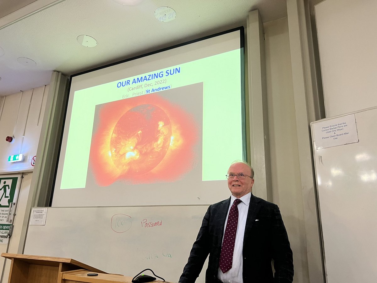 CdfScienceSoc's tweet photo. We are pleased to welcome Professor Eric Priest to Cardiff this evening to tell us more about “Our Amazing Sun” ☀️ https://t.co/bmWzsM5MMX
