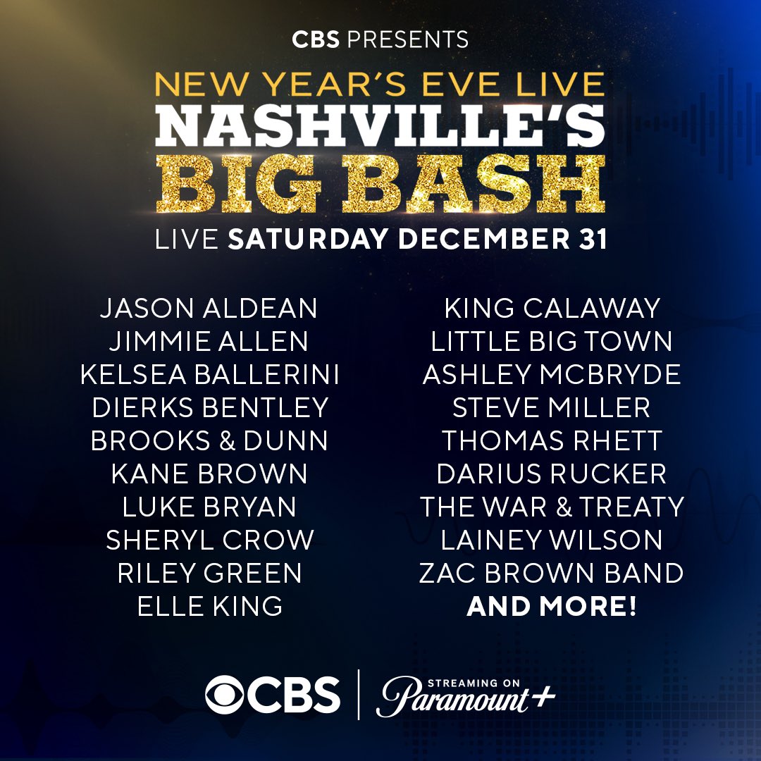 Ring in 2023 with New Years Eve LIVE: Nashville’s Big Bash featuring <a href="/LaineyWilson/">Lainey Wilson</a> <a href="/KelseaBallerini/">Kelsea Ballerini</a> <a href="/AshleyMcBryde/">Ashley McBryde</a> <a href="/SherylCrow/">SherylCrowLovers</a> <a href="/LittleBigTown/">Little Big Town</a> <a href="/ElleKingMusic/">Elle King</a> and more December 31st on <a href="/CBS/">CBS</a>! ✨