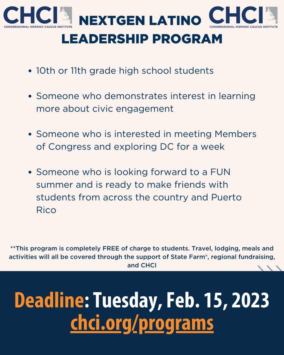 "R2L is not lying when they say that their goal is to get more Hispanic representation in Capitol Hill. They supply you with the best information possible." - #GEARUPworks <a href="/brightstrschool/">Bright Star Schools</a> <a href="/chci/">CHCI</a> student

Calling all 10th-11th graders! Apply by Feb. 15: chci.org/programs/nextg…