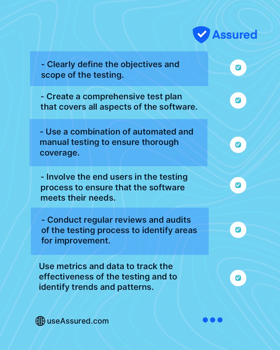 useassured's tweet photo. Maximize the effectiveness of your software testing with these practical tips and best practices. From defining the scope and objectives, to involving end users and tracking metrics, these strategies will ensure thorough and effective testing every time.
#softwaretesting https://t.co/sb7bJpbl1D