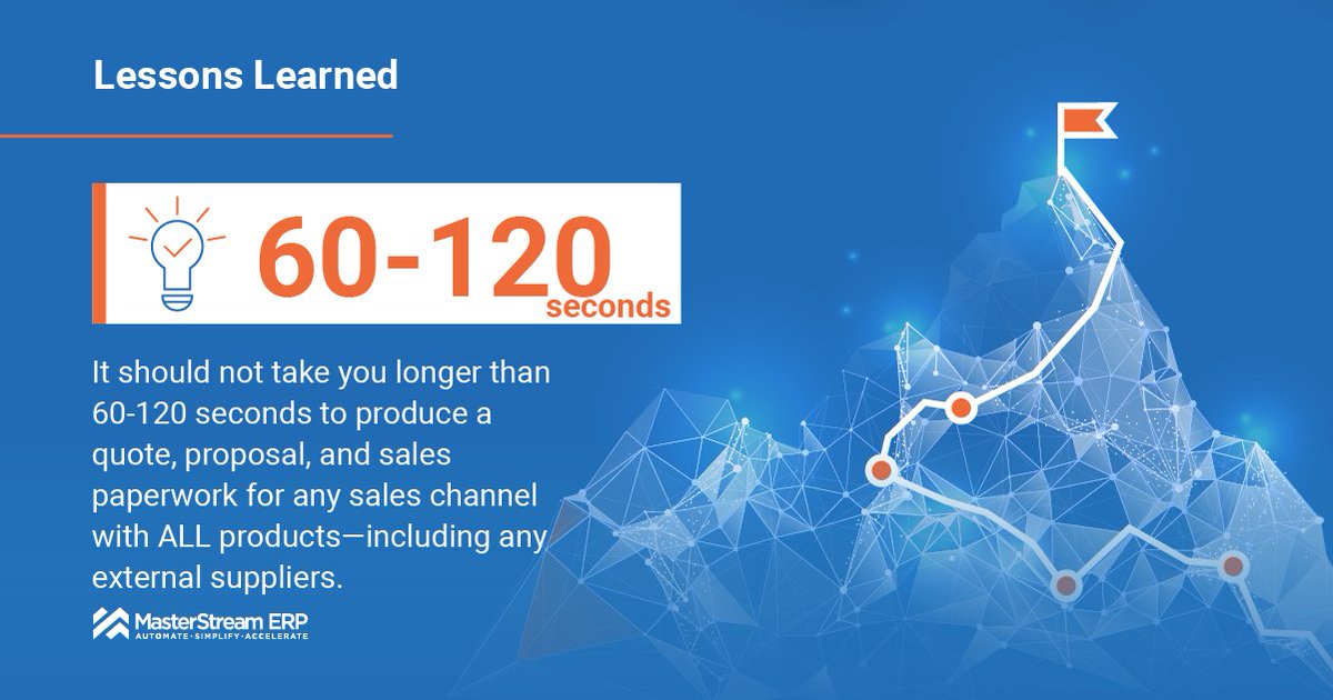 MasterStreamERP's tweet photo. If it takes longer than 60-120 seconds to produce a quote, proposal, and sales paperwork for any sales channel with ALL products—including any external suppliers then…we are sorry to say, you aren’t automated. 

Quote automation will revolutionize your process. #LessonsLearned https://t.co/drUhMZ3vjY