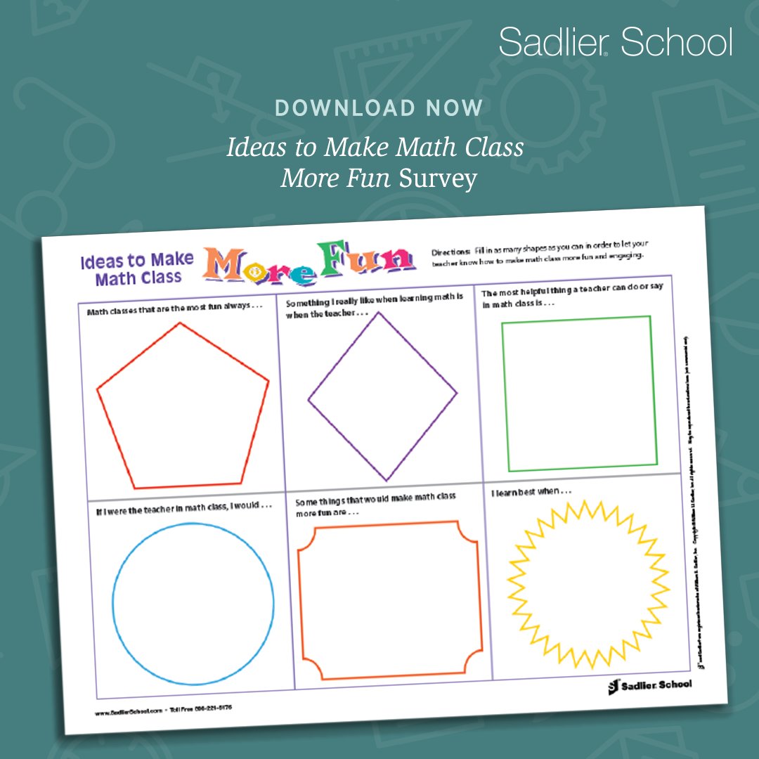 SadlierSchool's tweet photo. Ideas to Make Math Class More Fun Student Survey https://t.co/RzkYCq38ok
#Edchat #MathChat #Education #ElementaryTeacher #MathTeacher #TeachChat #SadlierSchool #SadlierMath #EduLeadership #CatholicEdchat #CatholicSchools https://t.co/cN54if3C0G