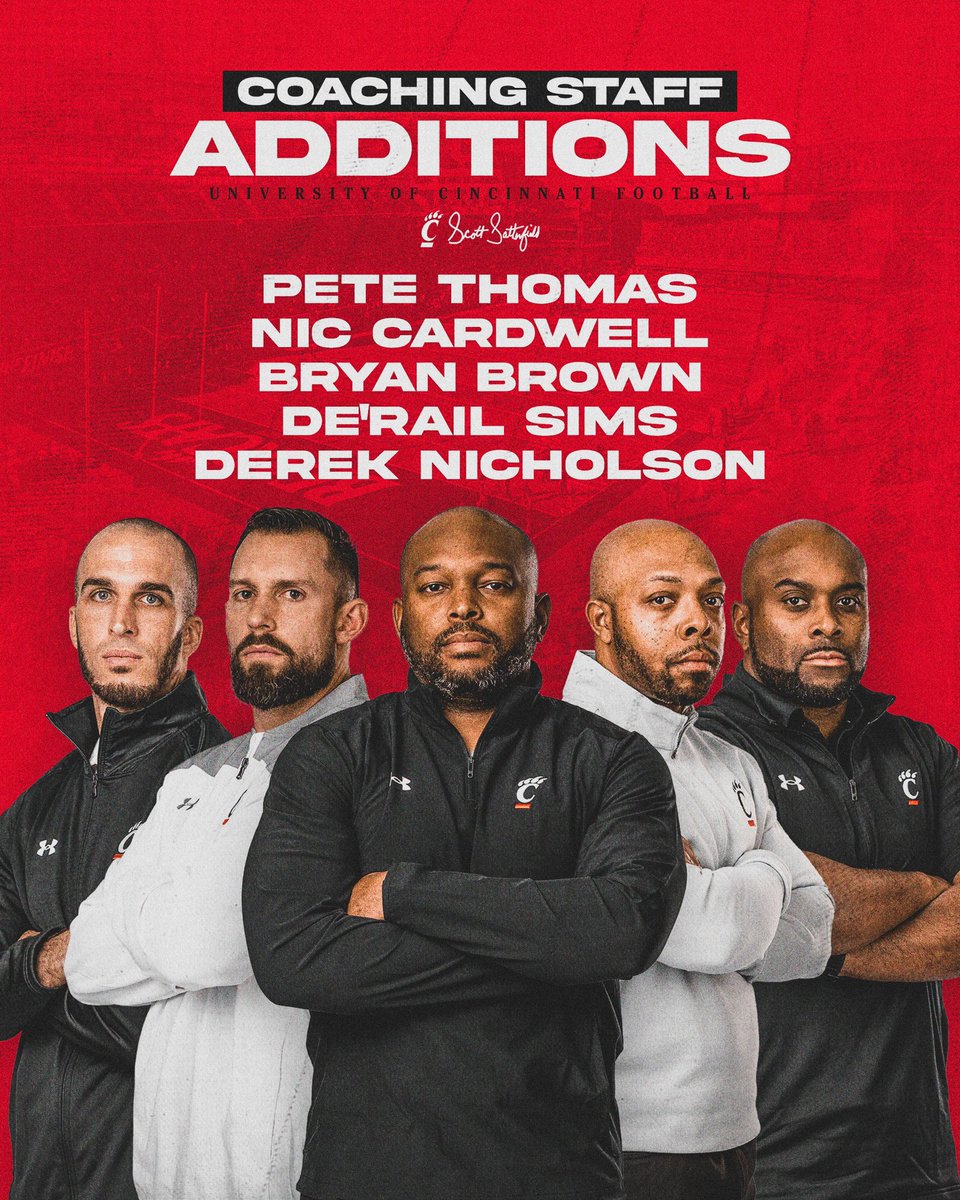 GoBearcatsFB's tweet photo. Coach Satterfield has announced the addition of assistants @CoachPeteThomas, @CoachCardwell_, @CoachB_BROWN, @DeRailSims, and @CoachDNic to his coaching staff.

🔗: https://t.co/a8xELLmRKj

#Bearcats https://t.co/5VAOzoPhXy
