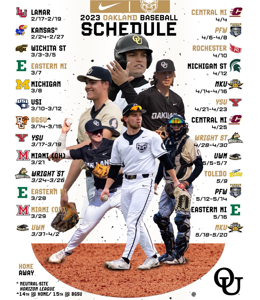 Our 2023 spring schedule is official!

⚫️22 home games
⚫️Early season trips to Lamar, Kansas, Wichita State and Southern Indiana
⚫️Midweek tests at UM and MSU
⚫️10 MAC midweek games