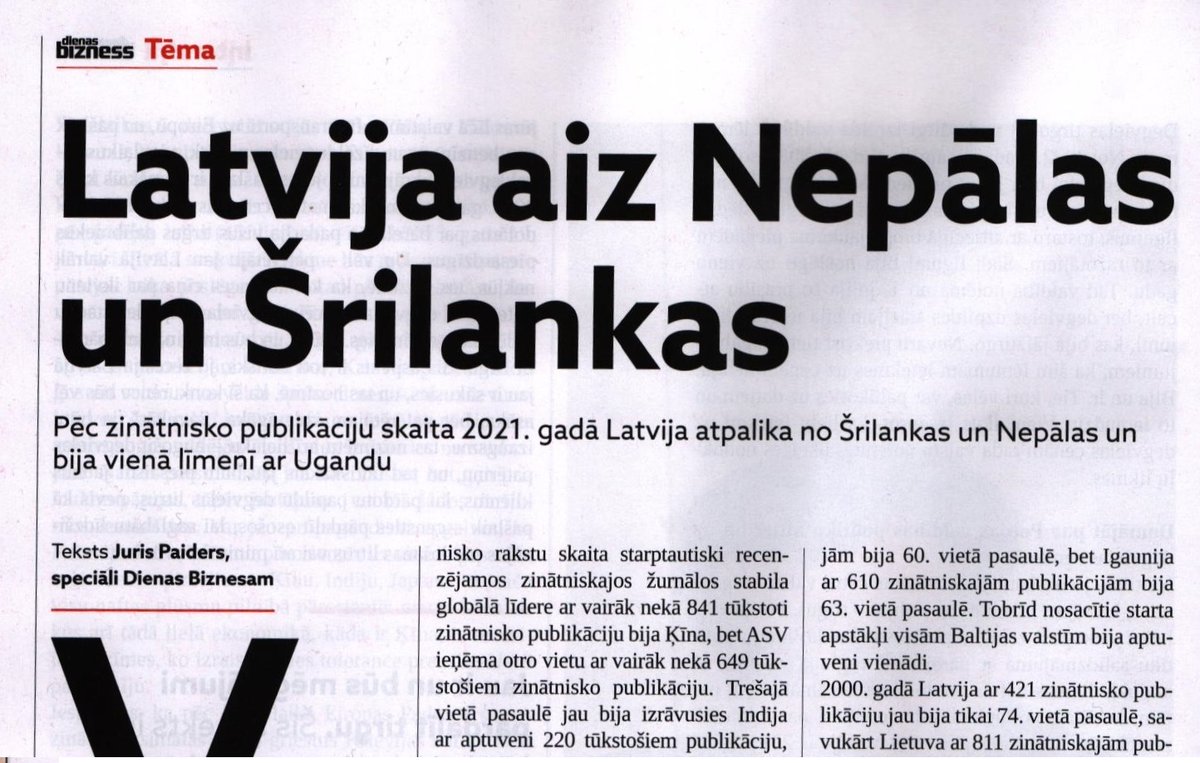 Apsveicu jaunu Kariņa valdību. Tikai viens iepriekšējās Kariņa valdības sasniegums: Pēc zinātnisko publikāciju skaita 2021. gadā Latvija atpalika no Šrilankas un Nepālās un bija vienā līmenī ar Ugandu. Sk. manu rakstu 10. decembra Dienas Biznesā