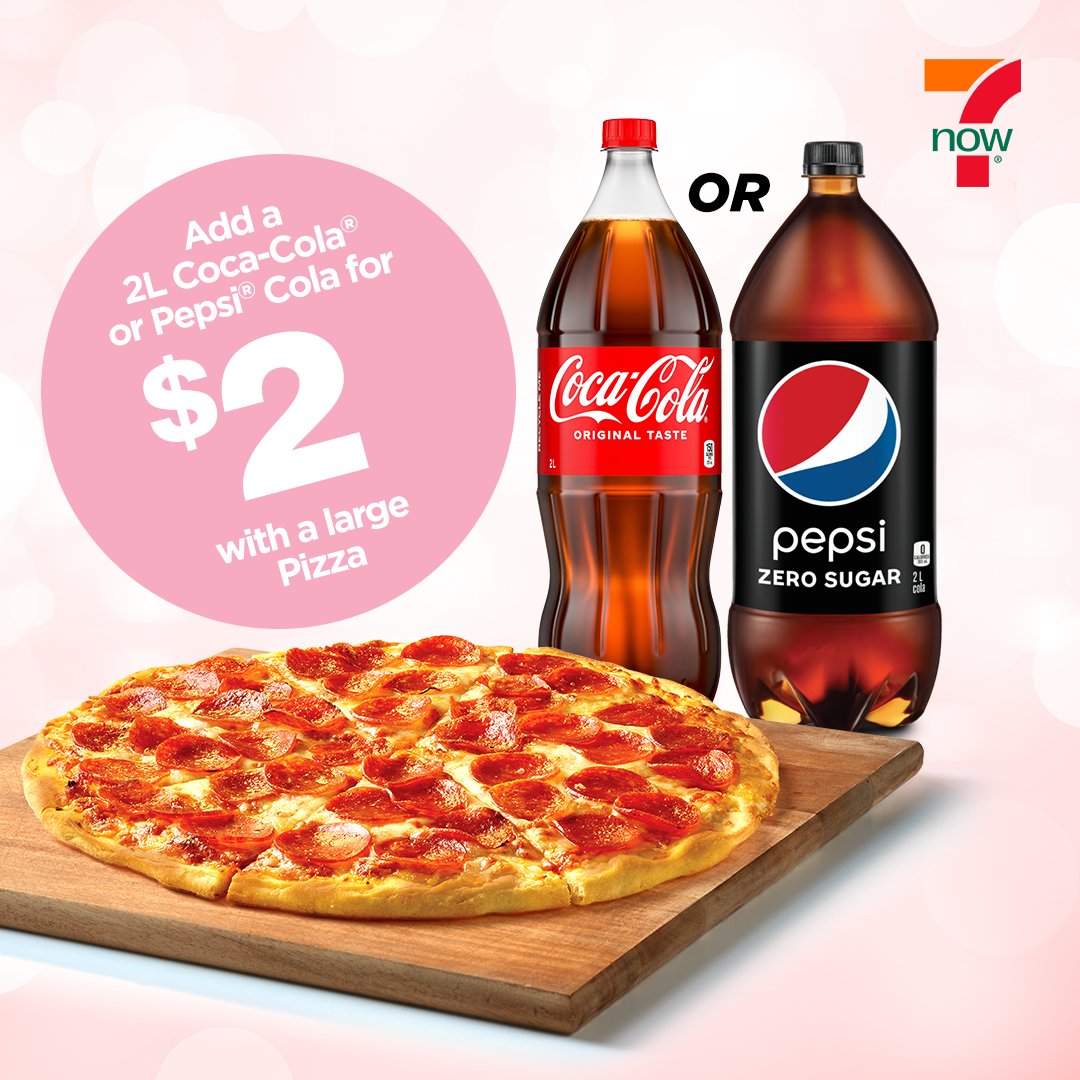 7ElevenCanada's tweet image. Movie night? Game night? Add a 2L Coca-Cola® or Pepsi-Cola® for $2 with a large pizza or Specialty Pizza. Order ahead and pickup in store or get it delivered with 7Now! Save $10 on your first 7Now order (min $20 spend) until Jan 3rd. bit.ly/3zVmQkB  
#ComboDeal