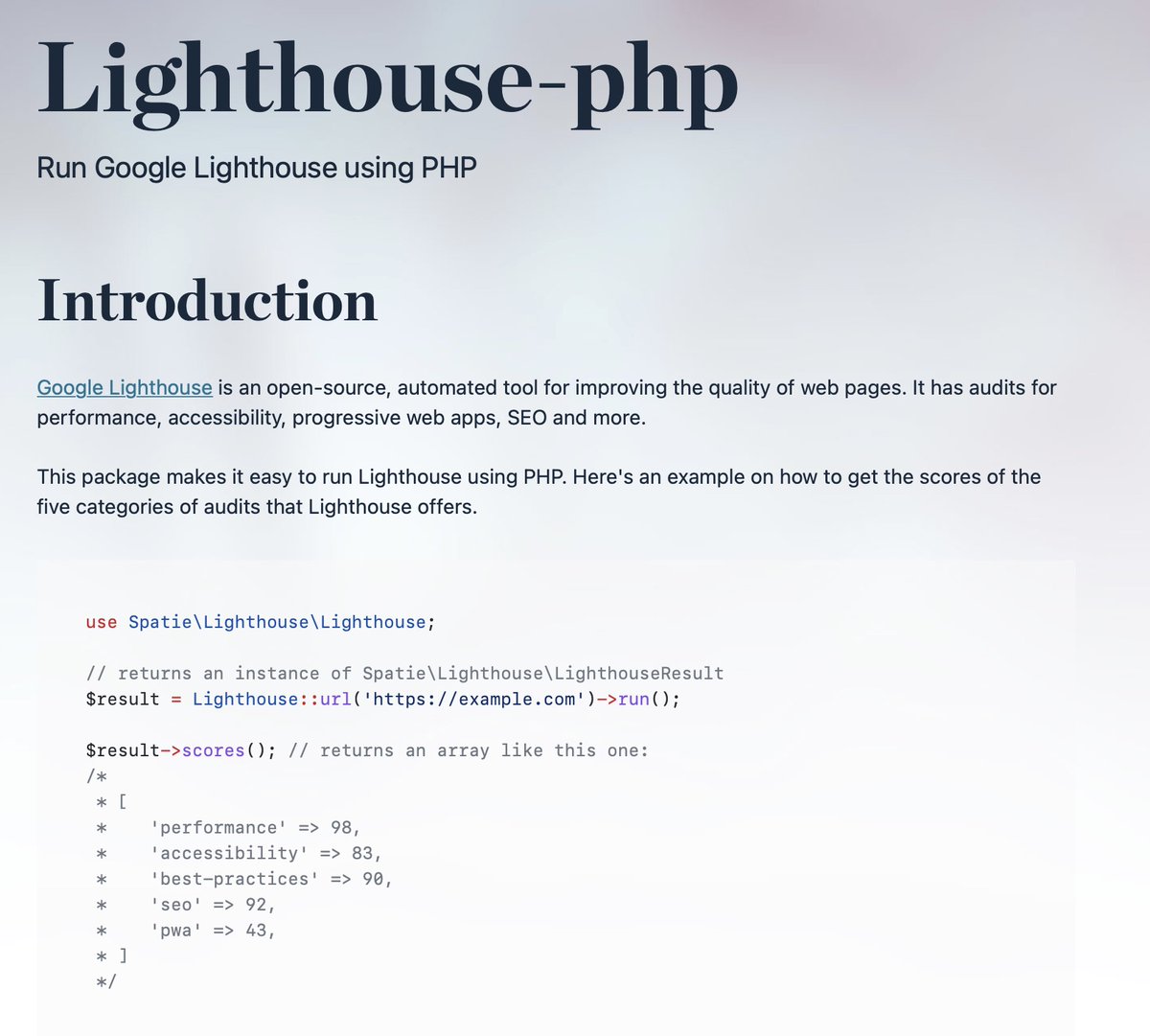 📦 Our new package, spatie/lighthouse-php, has been released!

This one makes it easy to run Google Lighthouse using PHP. It reports all sorts of SEO issues with your site

✍️ Blog post: freek.dev/2399-a-package…

📕 Docs: spatie.be/docs/lighthous…

⚙️ Source: github.com/spatie/lightho…