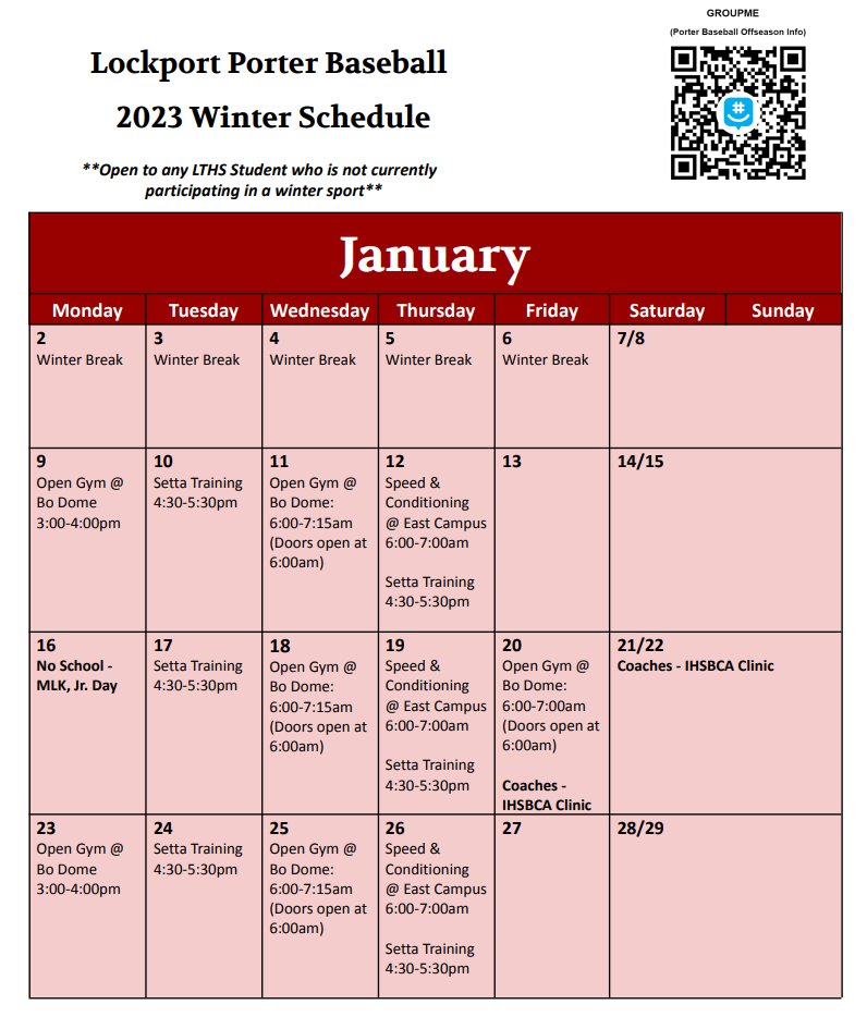 PorterBaseball's tweet photo. π¨ποΈ Winter Calendar ποΈπ¨
Attention prospective @PorterBaseball players for the upcoming spring season! Please see our winter calendar for the remainder of the offseason. #GETBIG #PORTERPOWER https://t.co/z1DnBu97nA