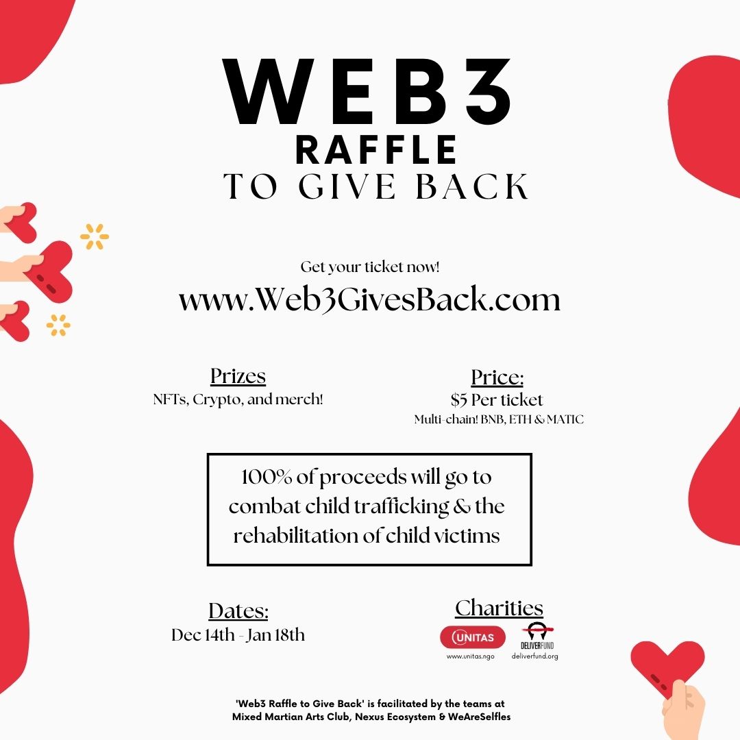 MMARTSCLUB's tweet photo. It's time to WIN BIG &amp; #GiveBack🤝 

100% of money raised from the #Web3GivesBack raffle will be donated to @DeliverFund &amp; @UNITAS_official to fight trafficking💙 

Get your ticket now &amp; support a great cause!🎟️
https://t.co/szAK33iafP 🤩

#BeTheChange #PayItForward ♥️ https://t.co/OkA5OlCZY1