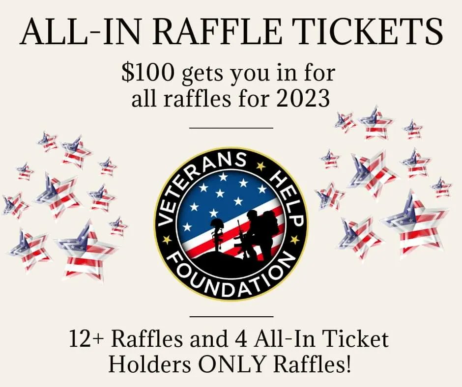 All In Raffle Tickets! 

$100 ticket gets you in for all 12 Raffles for the year 2023. Plus 4 All-In Ticket Holder Only Raffles as well. 

PayPal:
paypal.me/vhfwyo
Venmo:
venmo.com/vhfwyo
CashApp:
cash.app/$VHFWYO