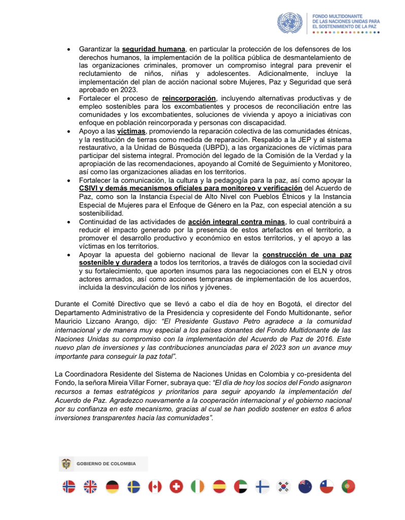 FondoONUCol's tweet photo. #Comunicado | Socios de @FondoONUCol aprueban nuevo plan de inversión para 2023 y Noruega 🇳🇴, Alemania 🇩🇪, Irlanda 🇮🇪 y Reino Unido 🇬🇧 anuncian nuevas contribuciones para la implementación del Acuerdo de Paz🇨🇴👏🏻 #CooperandoPorLaPaz #ElFondoAvanza https://t.co/RXqbZKNLH4