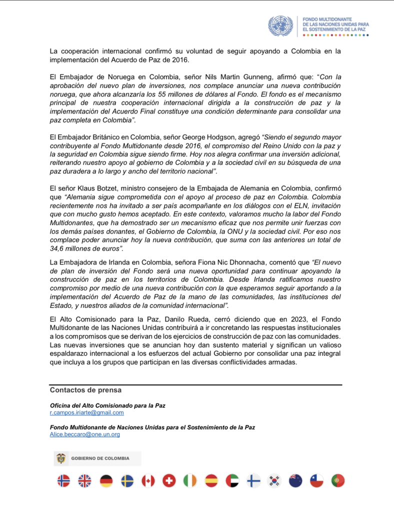 FondoONUCol's tweet photo. #Comunicado | Socios de @FondoONUCol aprueban nuevo plan de inversión para 2023 y Noruega 🇳🇴, Alemania 🇩🇪, Irlanda 🇮🇪 y Reino Unido 🇬🇧 anuncian nuevas contribuciones para la implementación del Acuerdo de Paz🇨🇴👏🏻 #CooperandoPorLaPaz #ElFondoAvanza https://t.co/RXqbZKNLH4