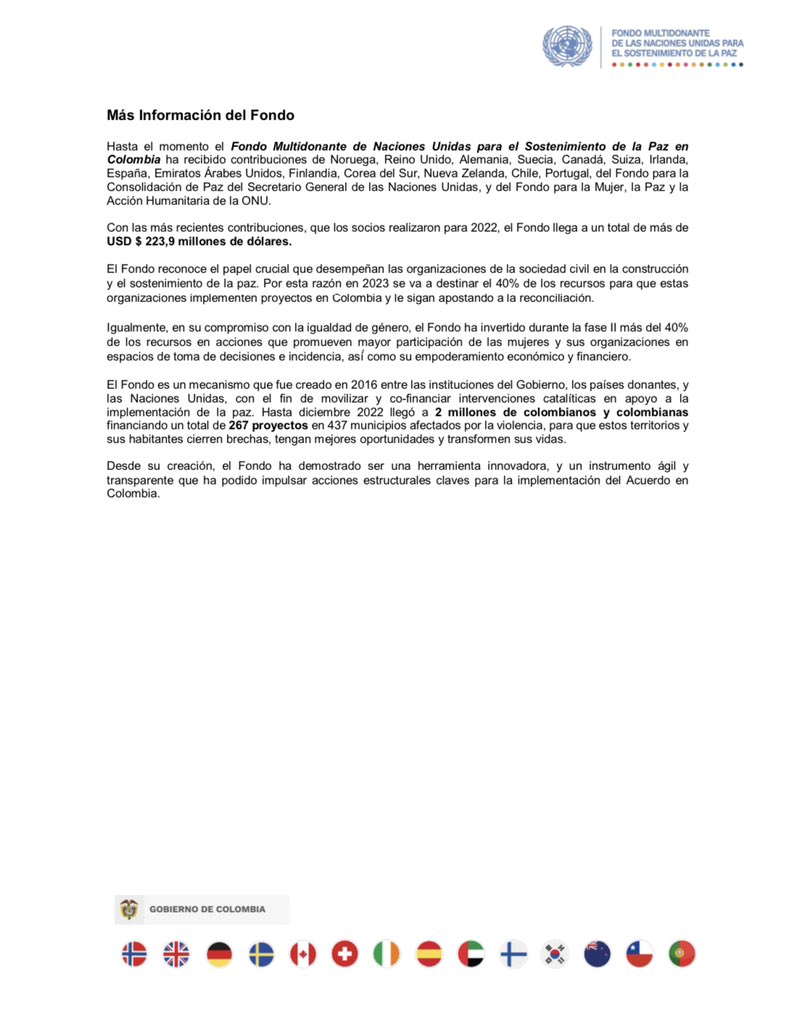 FondoONUCol's tweet photo. #Comunicado | Socios de @FondoONUCol aprueban nuevo plan de inversión para 2023 y Noruega 🇳🇴, Alemania 🇩🇪, Irlanda 🇮🇪 y Reino Unido 🇬🇧 anuncian nuevas contribuciones para la implementación del Acuerdo de Paz🇨🇴👏🏻 #CooperandoPorLaPaz #ElFondoAvanza https://t.co/RXqbZKNLH4