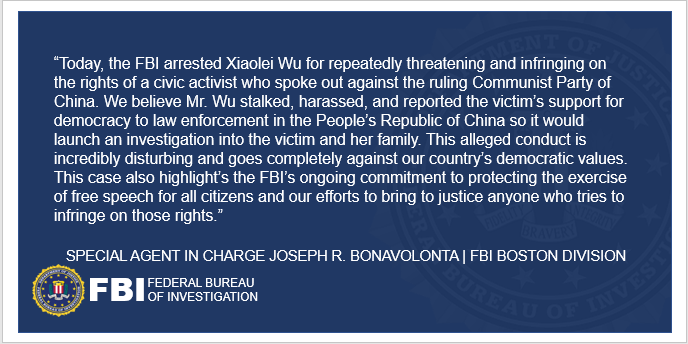 FBIBoston's tweet photo. #BREAKING: Today, #FBI Boston Special Agents arrested Xiaolei Wu, a Chinese national and Berklee College of Music student, for allegedly stalking an individual who posted fliers supporting democracy in China. https://t.co/fo8aPJYAv1 https://t.co/yNjPJ8XEly