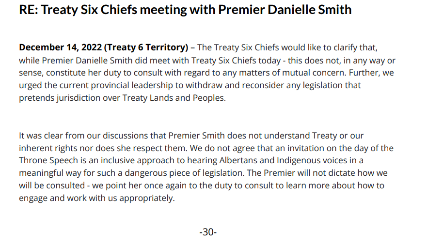 AdamMacVicar's tweet image. The Treaty Six Chiefs have released this statement following their meeting with Premier Danielle Smith today. 

"It was clear from our discussions that Premier Smith does not understand Treaty or our inherent rights nor does she respect them," the statement reads.