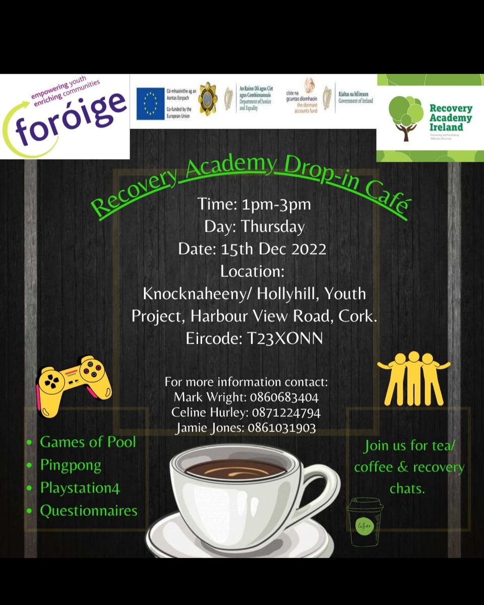 recoverycork's tweet photo. A drop in cafe has been organised for tomorrow the 15th of Decmeber from 1-3 in Knocknaheeney Youth Project, Cork.
Come join us for some tea/coffee, light refreshments and some recovery chats
#socialinclusion
#addictionrecoveryworks
#socialise
@Foroige @cldatf @IreRecoveryAcad https://t.co/nAq4gIDDnG