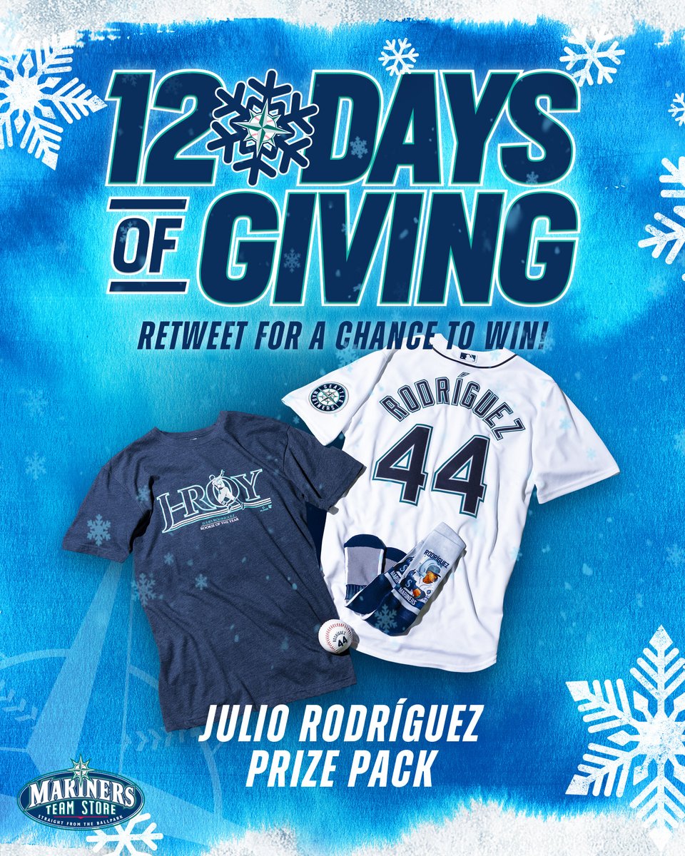 Seattle Mariners (@mariners) on Twitter photo ❄️ Our #12DaysOfGivingSweepstakes is BACK ❄️
Hit that RT button for a chance to win our very first prize, a <a href="/JRODshow44/">Julio Rodriguez🇩🇴🦁</a> Rookie of the Year Prize Pack thanks to the <a href="/MarinersStore/">Mariners Team Store</a>!
Must be 18+. No purch. nec. Enter by 11:59pm PT on 12/28/22. atmlb.com/3FMkuY6 ❄️ Our #12DaysOfGivingSweepstakes is BACK ❄️
Hit that RT button for a chance to win our very first prize, a <a href="/JRODshow44/">Julio Rodriguez🇩🇴🦁</a> Rookie of the Year Prize Pack thanks to the <a href="/MarinersStore/">Mariners Team Store</a>!
Must be 18+. No purch. nec. Enter by 11:59pm PT on 12/28/22. atmlb.com/3FMkuY6