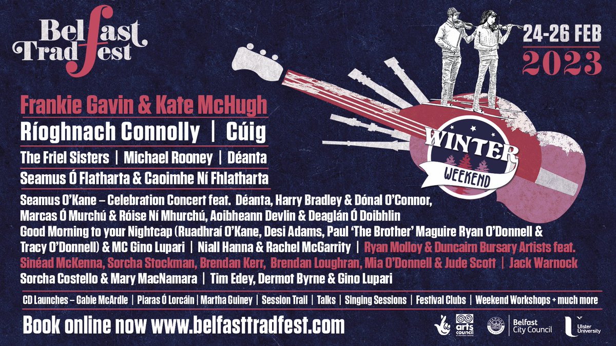 🙏Pls feel free to RT

🗓 24-26th Feb #WinterWeekend23

📕 Full Programme belfasttraditionalmusic.com 

🎟 Tickets now onsale👆

#BelfastTradFest @artscouncilni @belfastmusic_scene @UlsterUni @theduncairn  @belfastcitycouncil @belfastEmpire @Culturlann @BlackBoxBelfast @VisitBelfast