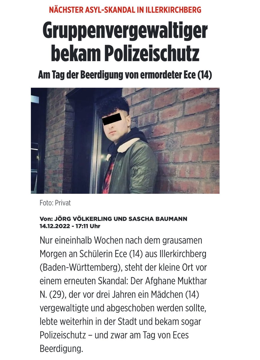 Man findet kaum noch Worte für dieses Staatsversagen: ein aus der Haft entlassener afghanischer Kinderschänder erhält auf Steuerzahlers Kosten Polizeischutz, damit er wieder in #Illerkirchberg wohnen kann, wo er mit seinen afghanischen Komplizen eine 14-Jährige vergewaltigt hat.