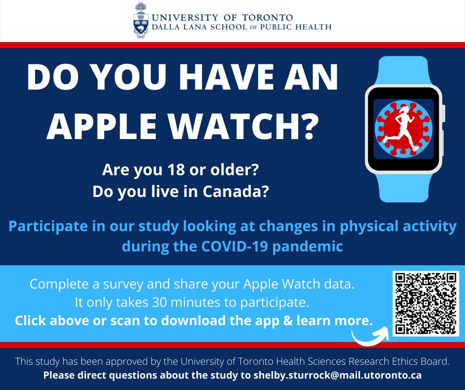 ⌚️ Are you an Apple Watch user?
🇨🇦 Do you live in Canada?
🦠 Are you 18 years of age or older?
🏃🏼‍♀️🏋🏽‍♂️🧘🏿‍♀️ Participate in our study looking at changes in physical activity during the pandemic. Download the study app at the link below ⬇️ 
apps.apple.com/ca/app/covfit-…