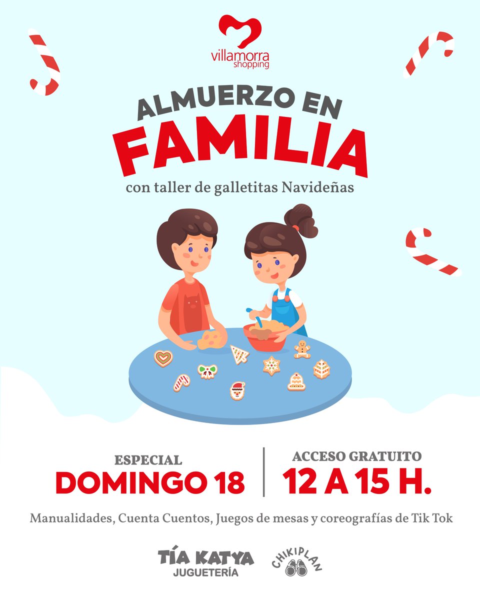 Almuerzo Divertido con taller de galletitas navideñas✨🍪🎅🏼

👉🏼 Esperamos a los niños con premios, carita pintada y muchos juegos.
🎟 Libre y gratuito para niños de 3 a 10 años.
 #villamorrashopping 
.
@tiakatya.py @chikiplanpy