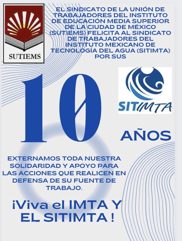 cuartosol's tweet photo. El @SutiemsOrg felicita al @SITIMTA por sus 10 años de lucha. Externamos toda nuestra solidaridad y apoyo para las acciones que realicen en defensa de su fuente de trabajo. Viva el @IMTA_mx y el #SITIMTA https://t.co/VPtwknuE0F