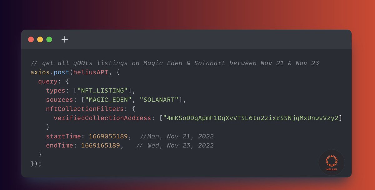 ANNOUNCING: HELIUS SOLANA NFT API

Features:
↳ Parsed NFT txns queryable by NFT collection, marketplace, wallets, txn type, and/or time!
↳ indexed mintlists!
↳ active listings for any collection across marketplaces
↳ millisecond latencies for historical queries since genesis