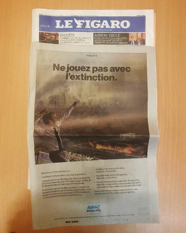 M. le Président @emmanuelmacron, avez vous lu <a href="/Le_Figaro/">Le Figaro</a> et <a href="/libe/">Libération</a> ce matin dans votre avion pour assister au match #francemaroc? Dans la bataille pour sauver notre planète, nous sommes déjà entrés dans les prolongations. #COP15
avaaz.org/MacronWorldCup…
