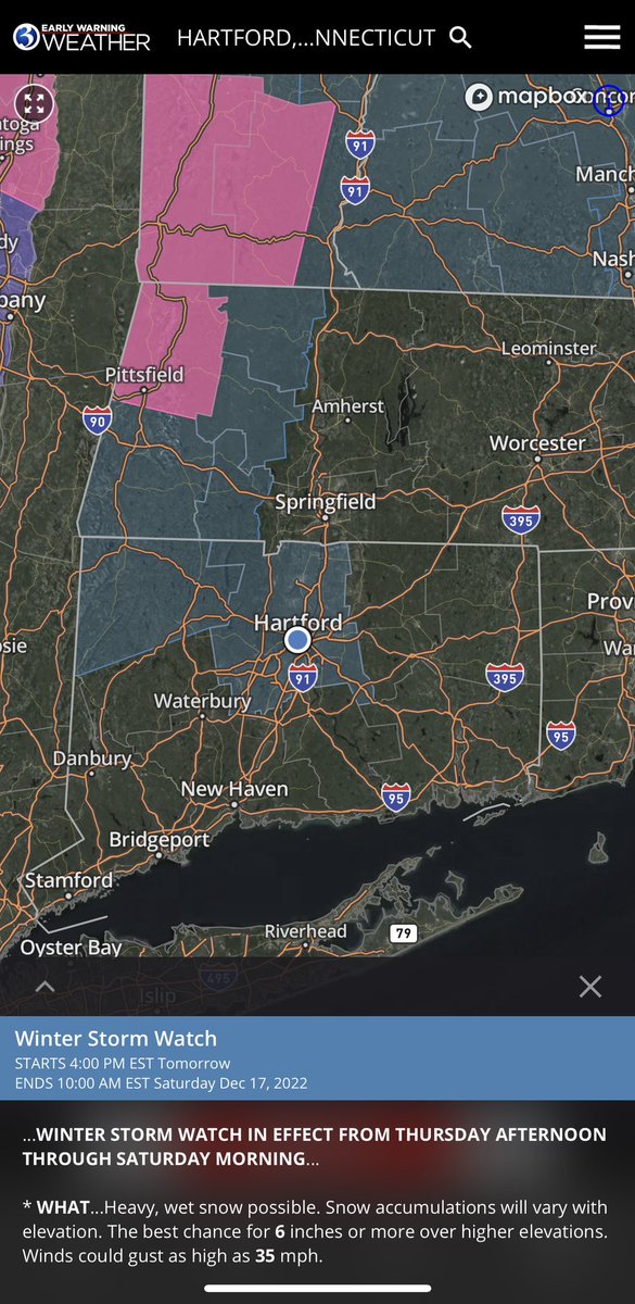 jillgilardi's tweet photo. Hartford County has been added to the WINTER STORM WATCH! This is a higher elevation type storm! NW hills could see 6”+. ❄️❄️❄️Heavy wet snow + gusty winds = concern for power outages! #earlywarningweatheralert @WFSBnews https://t.co/5r9rMyRY6S