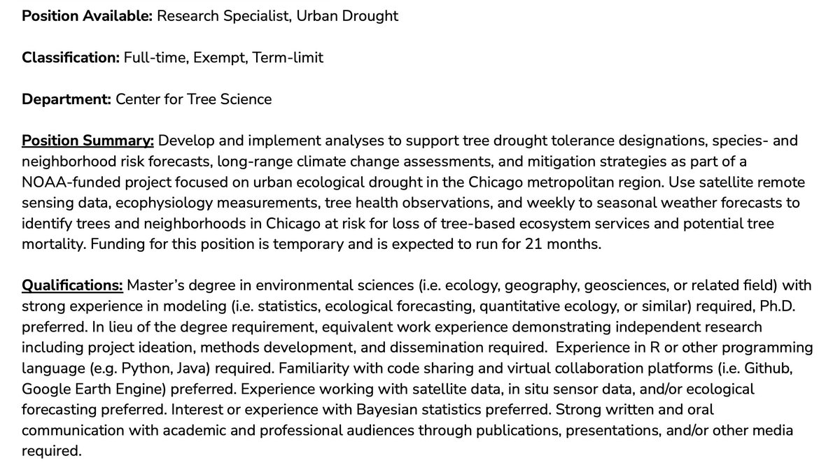 RolliEcology's tweet photo. Interested in trees &amp; drought in cities? We’re hiring a 21-month research specialist to work on urban ecological drought early warning and mitigation. 

I’m at #AGU22 through Friday evening for anyone interested and wanting to chat! https://t.co/uxb612qzft
