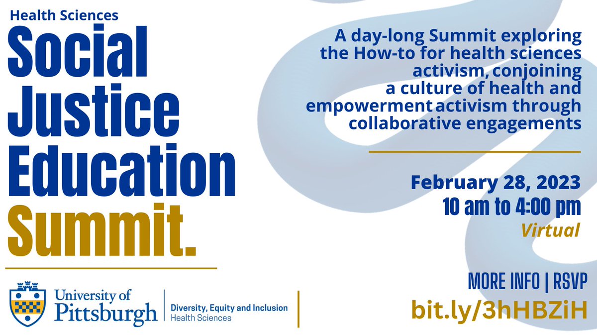 Committing to Social Justice & disrupting health inequities is top of the list for 2023 and beyond! Getting on the list for the @PittTweet Social Justice Education Summit brings us together in our commitment for change. See you virtually on 2/28/23: bit.ly/3hHBZiH