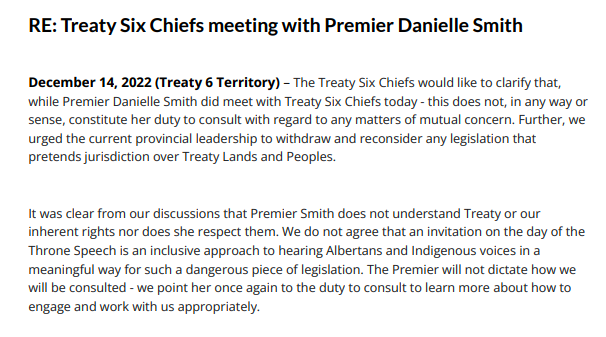 reportrix's tweet photo. After meeting with Premier Danielle Smith for the first time today, Treaty 6 Chiefs had this to say: "It was clear from our discussions that Premier Smith does not understand Treaty or our inherent rights, nor does she respect them." #ableg Full statement: https://t.co/o0POvQu7q9