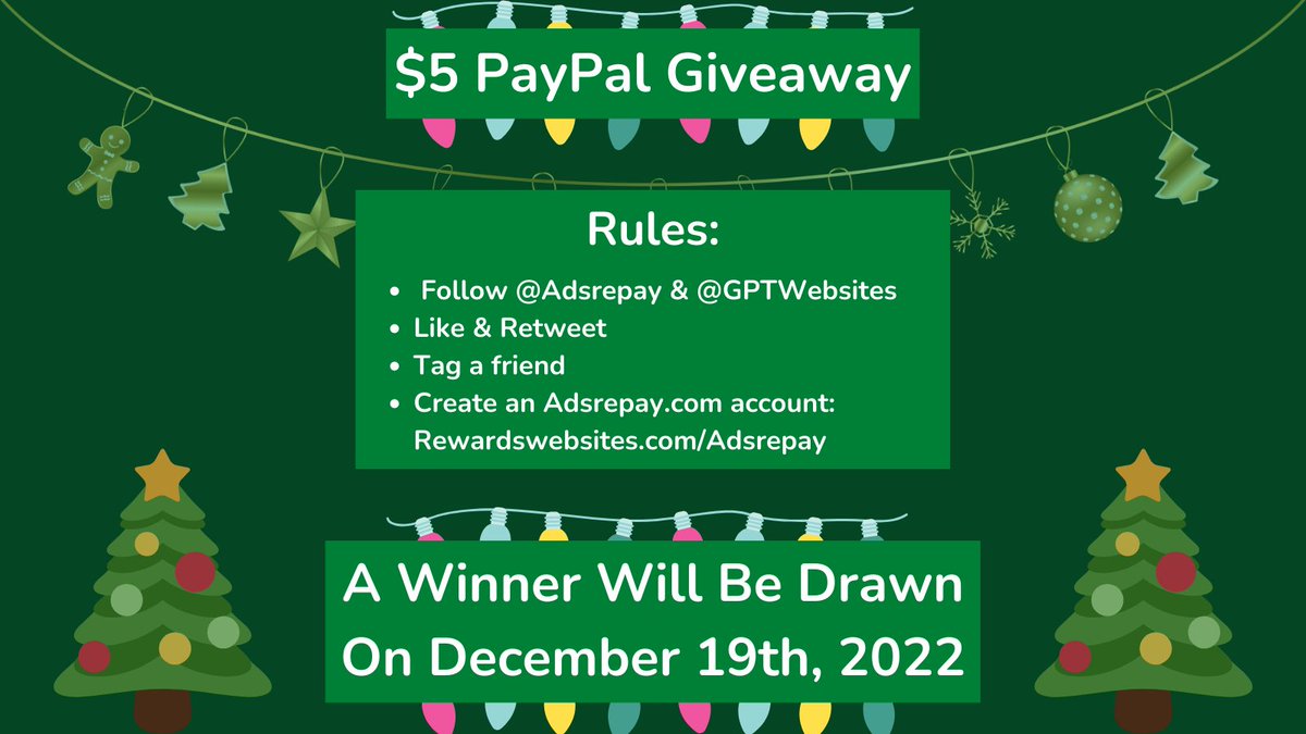 GPTWebsites's tweet photo. 💵 $5 PayPal Giveaway 💸

❎ Giveaway Rules ❎

1⃣ Follow @Adsrepay &amp; @GPTWebsites
2⃣ Like &amp; Retweet
3⃣ Tag a friend
4⃣ Create an https://t.co/lqeX8bZ96R account: https://t.co/SMoaXsE4yT
 
📆 A Winner Will Be Drawn On December 19th, 2022 ⏳

🎅 Merry Christmas from all of us 🎄 https://t.co/25ojgiVvdQ