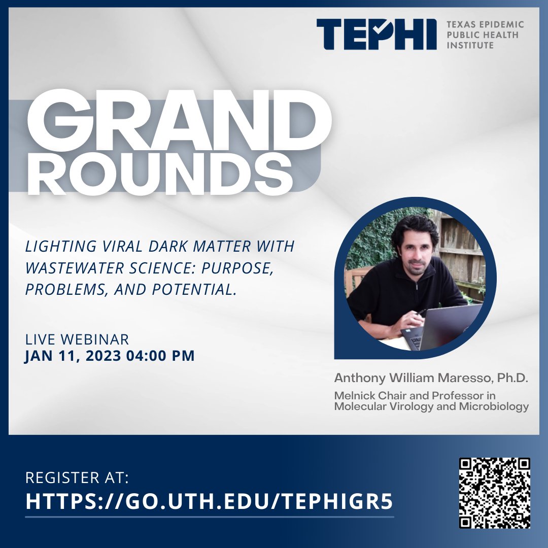 💡🚽💧👨‍🔬 Attention all wastewater scientists! Join us for a fascinating webinar on lighting viral dark matter with wastewater science. Anthony William Maresso, Ph.D., will present on the purpose, problems, and potential of this exciting field.

⭐Register: go.uth.edu/TEPHIGR5