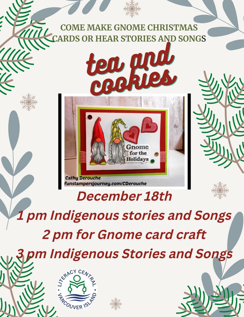 This Sunday, December 18th at @vilc there will be Indigenous stories, songs and a Gnome craft happening!
1:00pm Stories and Songs
2:00pm Gnome card craft 
3:00pm Stories and songs