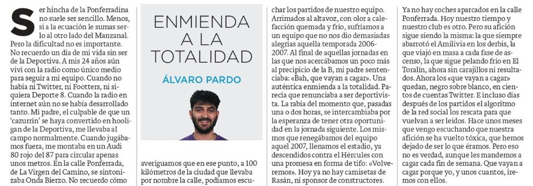 🔵Hoy se ha publicado una columna escrita por el menda sobre el equipo de sus amores en <a href="/LNCleon/">La Nueva Crónica</a>. 

Gracias a <a href="/U_Deportivista/">Unión Deportivista 🎙️⚽</a> y a <a href="/Javifdez_1/">Javier Fernández</a> por hacerlo posible. Espero haber estado a la altura.