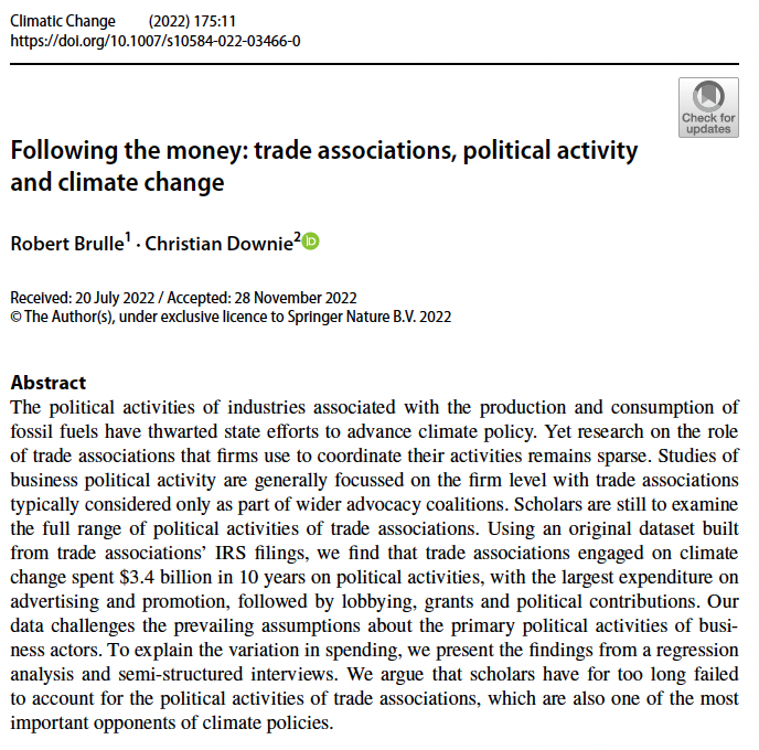 It is often said that if you want to know who has influence in Washington follow the money 💰💰💰

In our latest research in <a href="/ClimaticChange_/">Climatic Change Journal</a> @RBrulle
and I did just that by looking at trade association spending

Total spending was in the billions, but that's not all we found 🧵