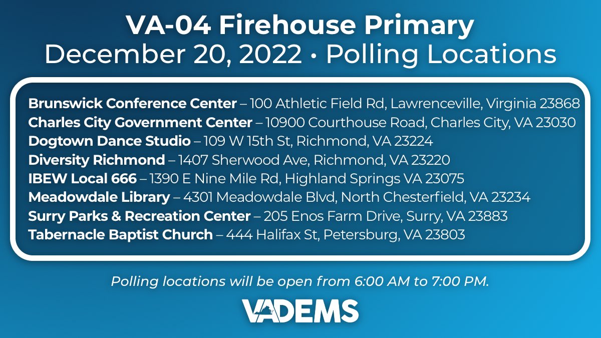 🚨 UPDATED: Polling locations for the December 20, 2022 VA-04 Democratic Firehouse Primary. All polling locations will be open from 6:00 AM to 7:00 PM on Tuesday, December 20, 2022.