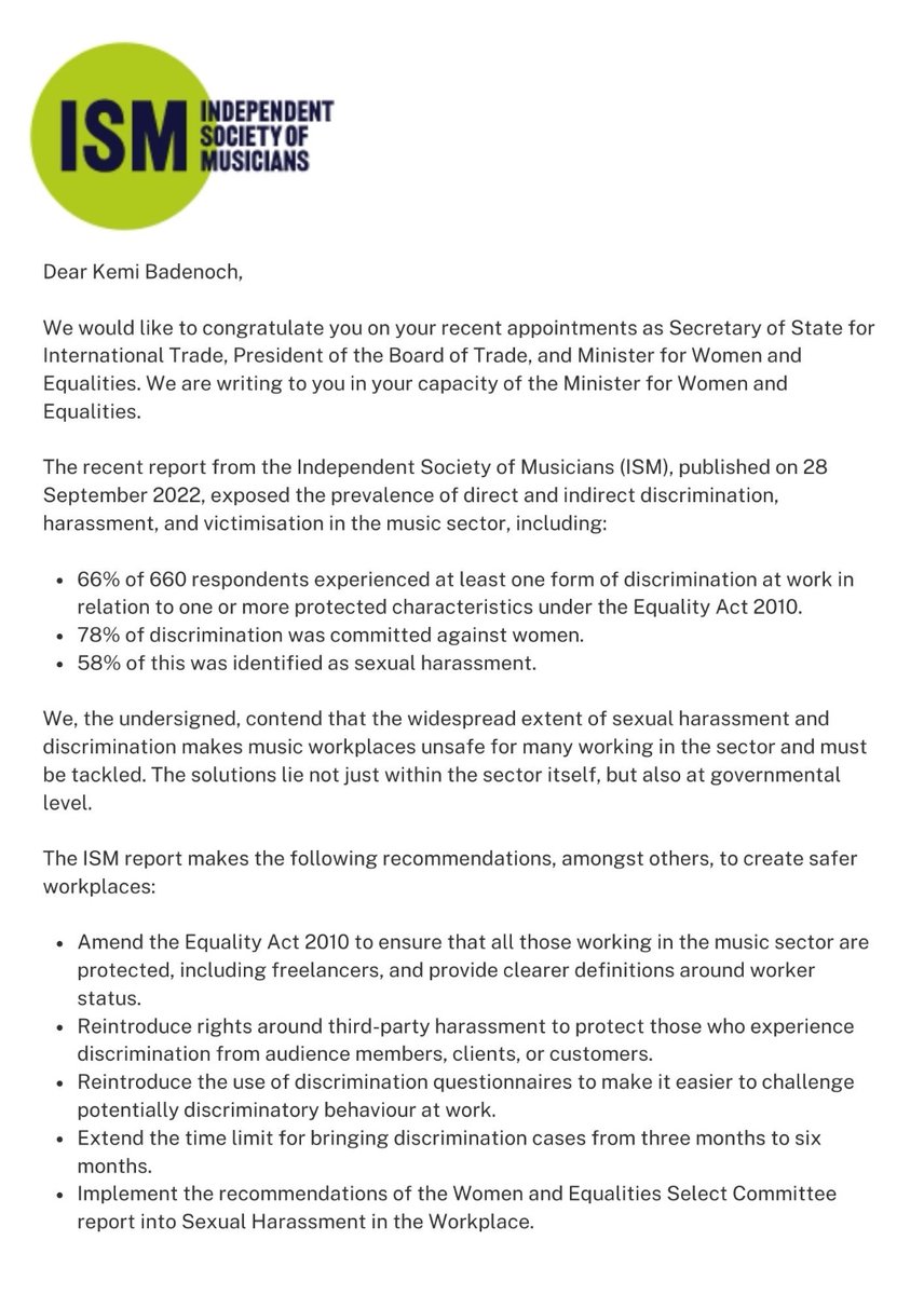 ISM_music's tweet photo. Hundreds have now signed our open letter to Minister for Women and Equalities @KemiBadenoch calling on government to make music workplaces safer.

Will you join them and call for an end to discrimination and harassment in music? Please sign today👇
https://t.co/VdS20flwDO https://t.co/bpBYGTOrDq